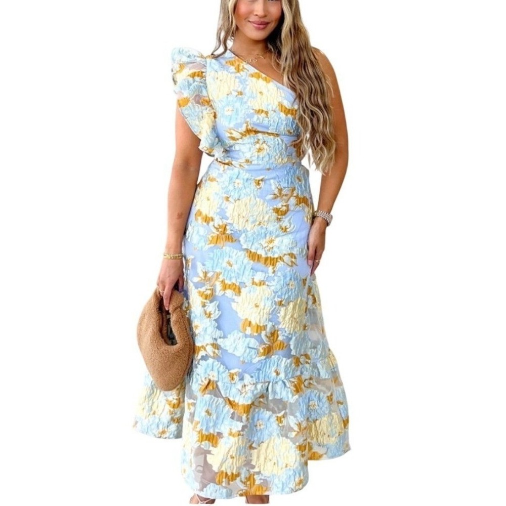 NWT Gingham and Heels Blue Yellow Floral One Shoulder Ruffle Tiered Dress